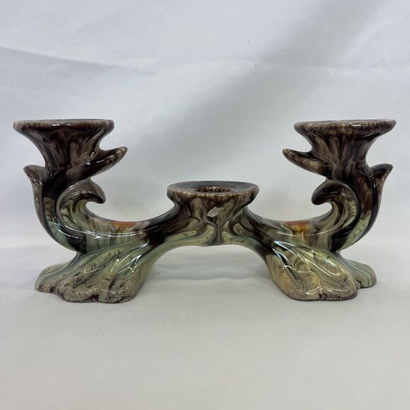 Vintage Germany Pottery Triple Candle Holder Jasba Keramik Orange Brown Glazed - Picture 4 of 9